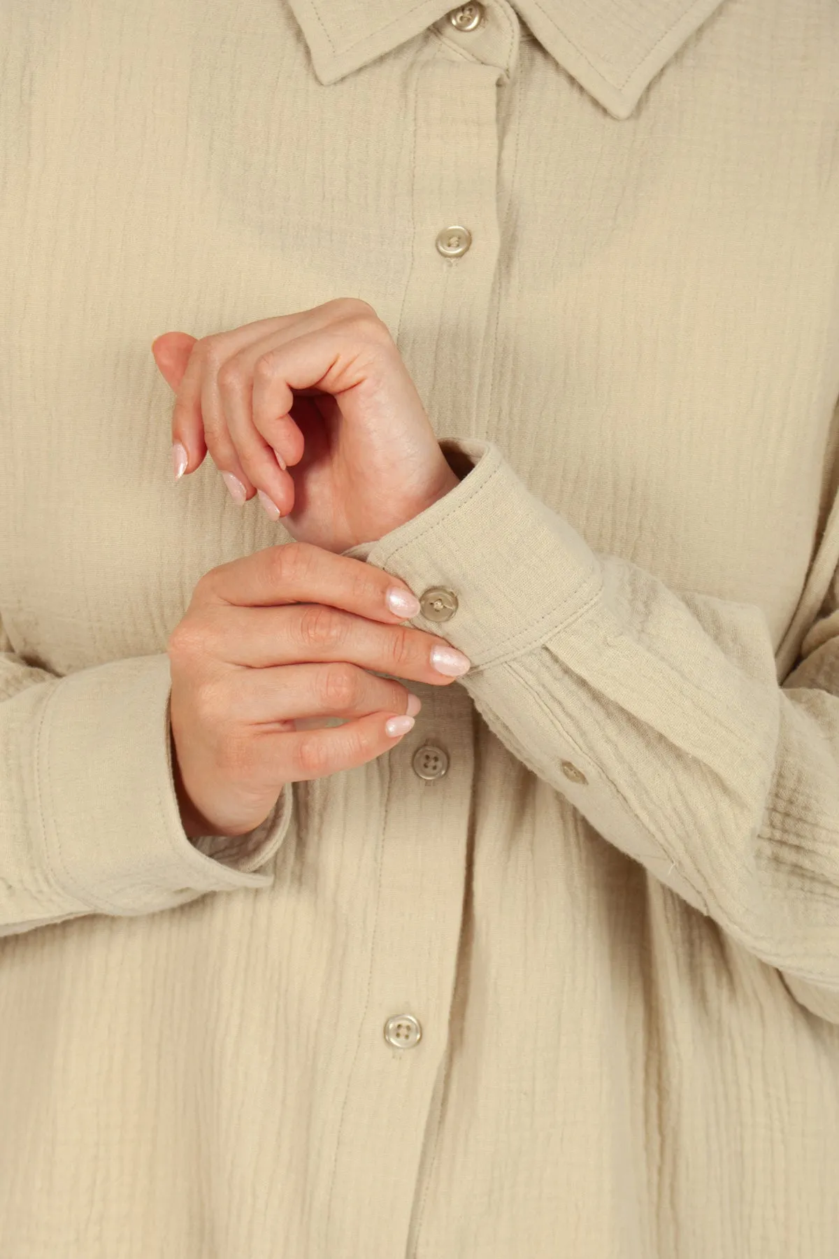 Lightweight cotton gauze button down shirt in pale olive grey