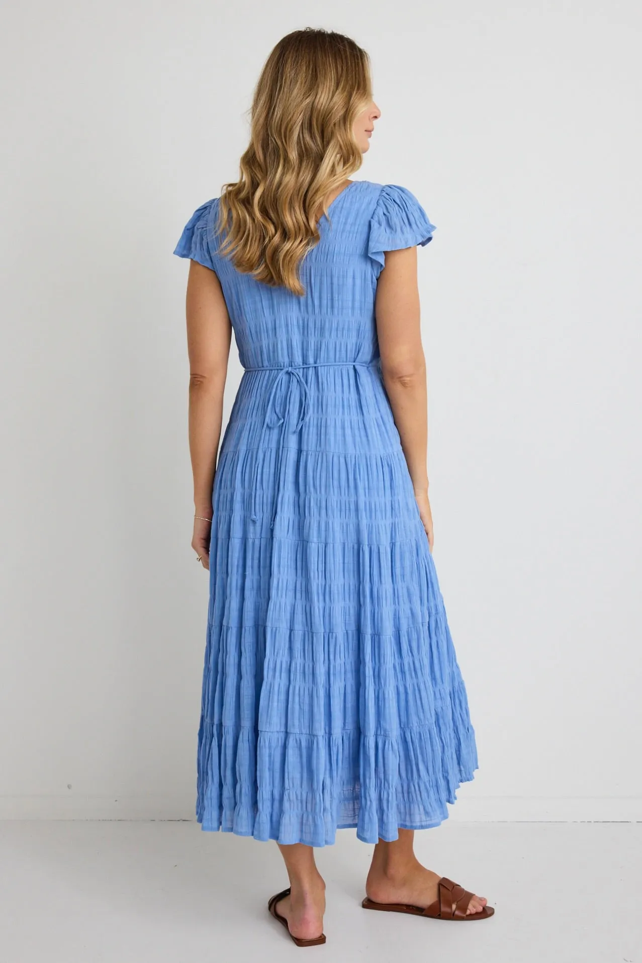 Marley French Blue Shirred Cotton Sleeveless V-Neck Tiered Maxi Dress