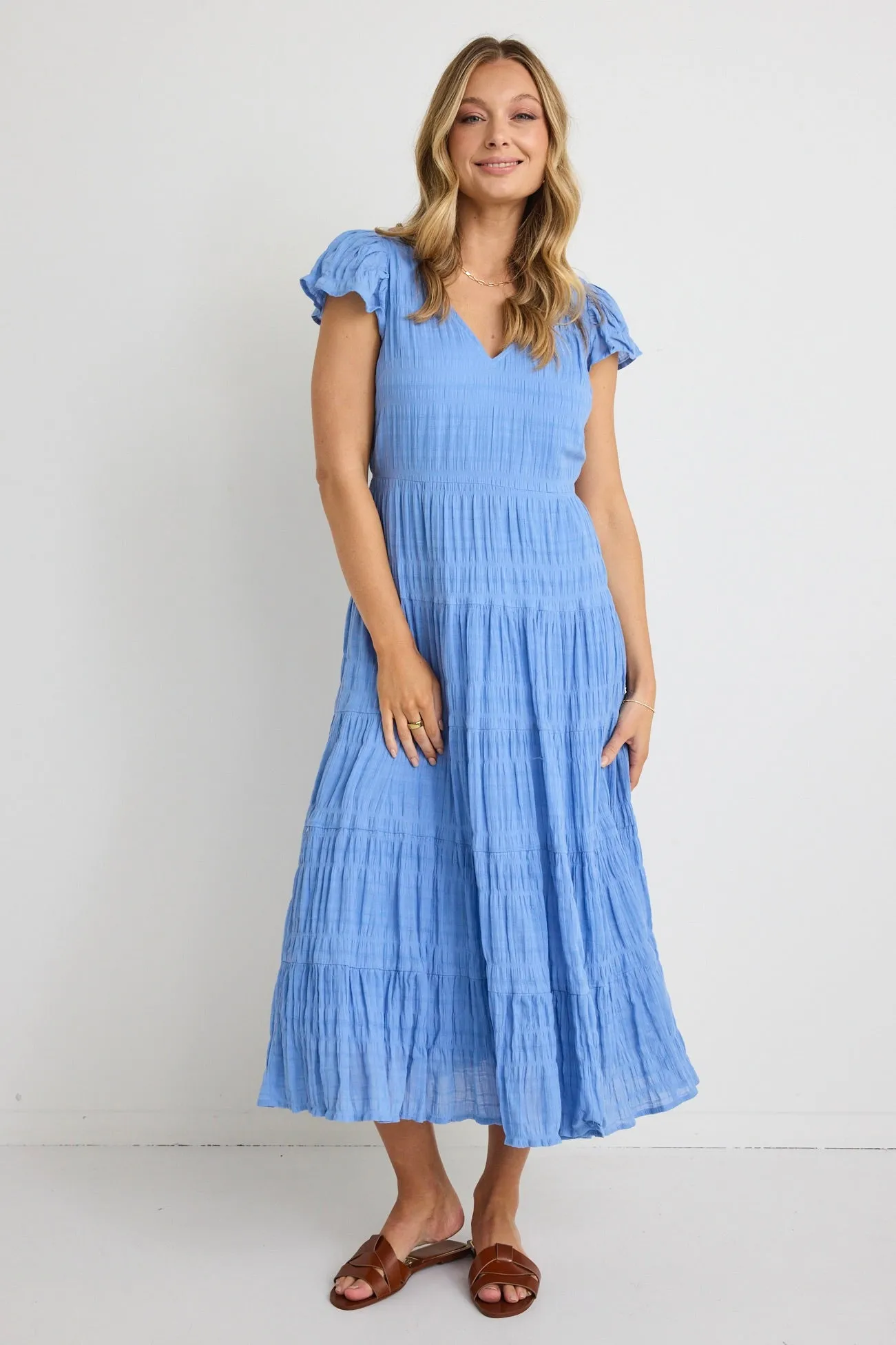 Marley French Blue Shirred Cotton Sleeveless V-Neck Tiered Maxi Dress
