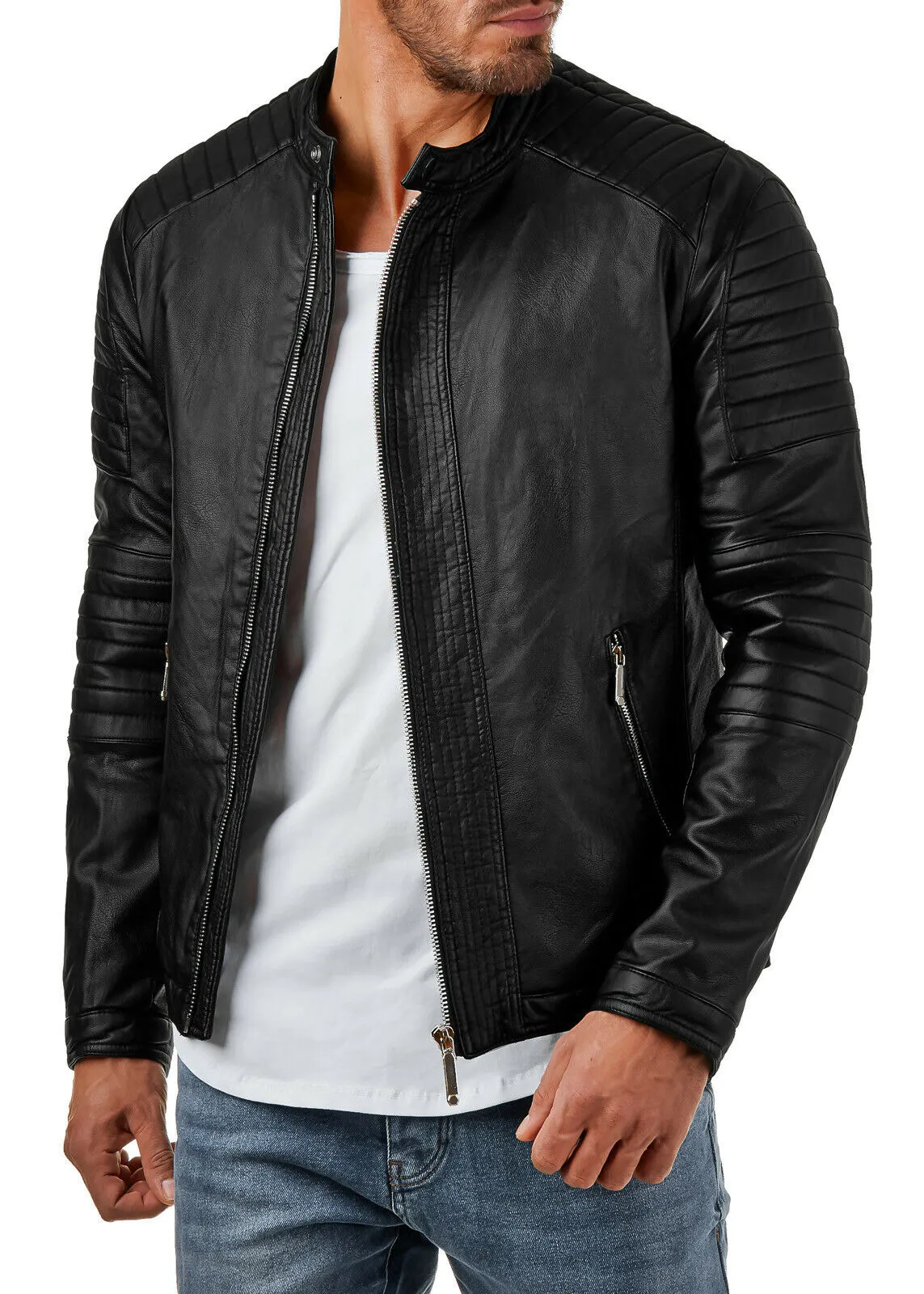 Men's Black Genuine Leather Padded Biker Jacket