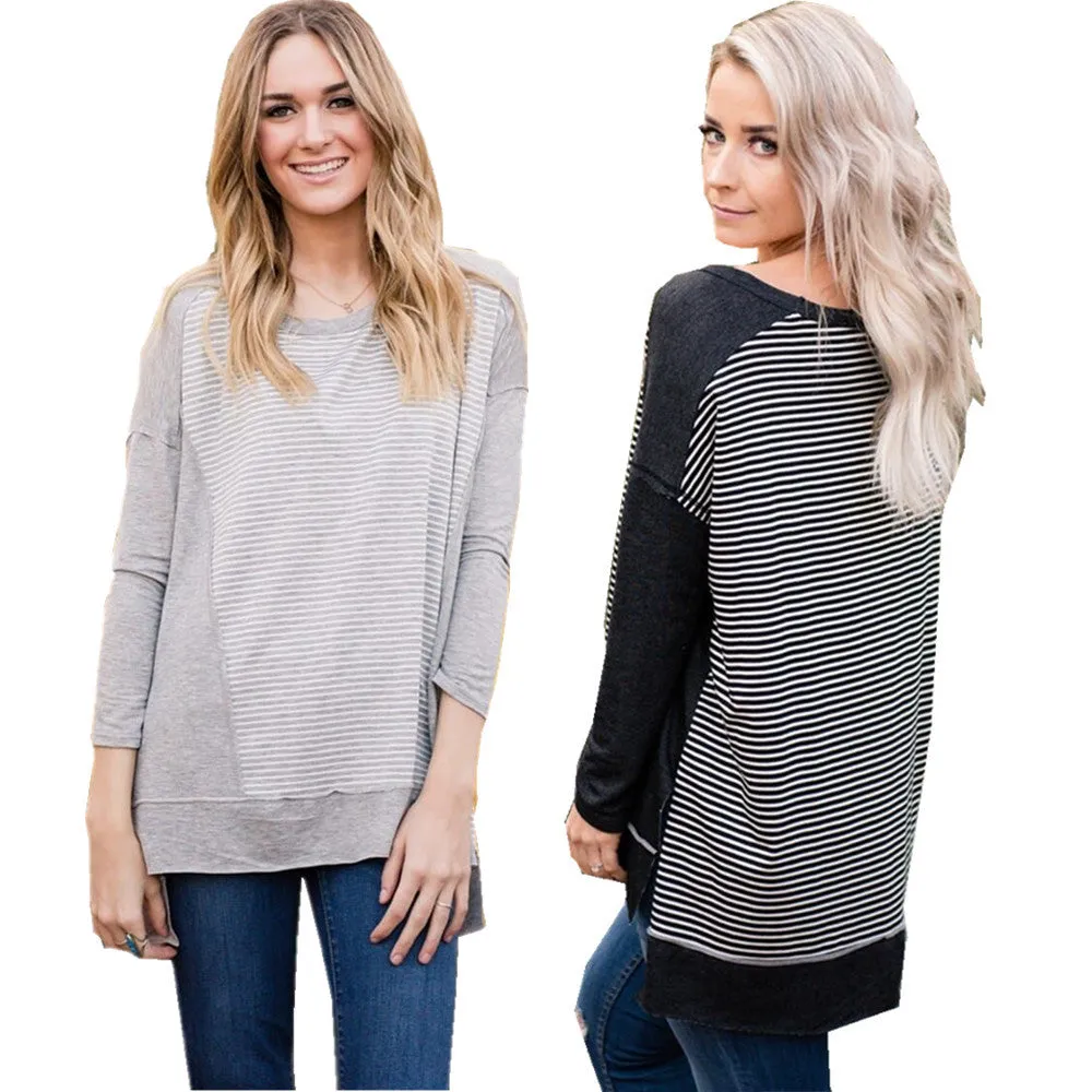 New O-neck Stripe Stitching Long sleeve T-shirt