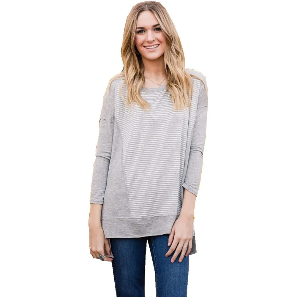 New O-neck Stripe Stitching Long sleeve T-shirt