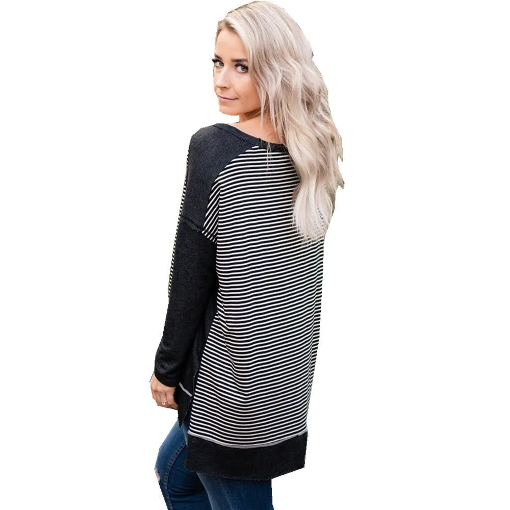 New O-neck Stripe Stitching Long sleeve T-shirt