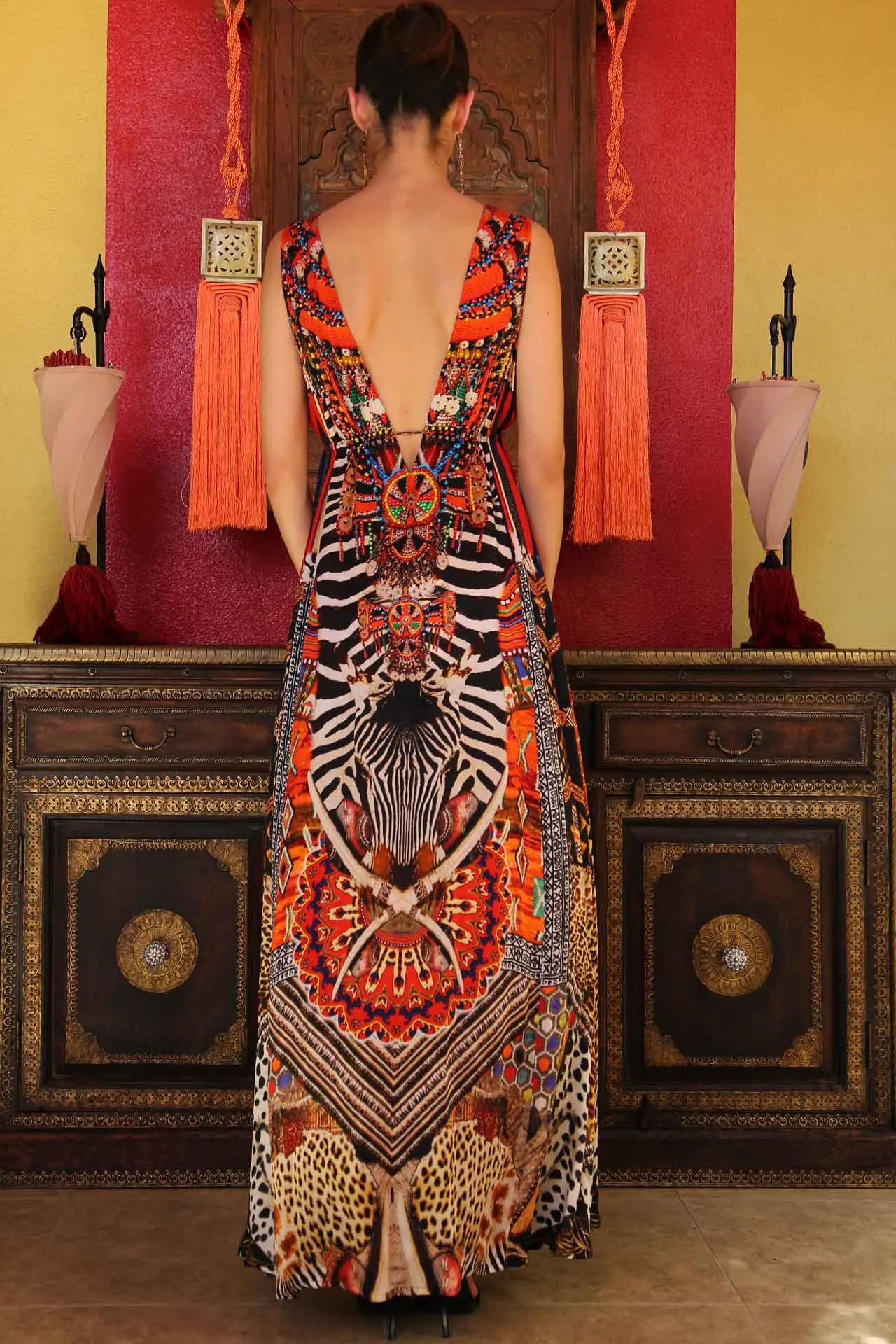 Orange Tribal Print Maxi Dress