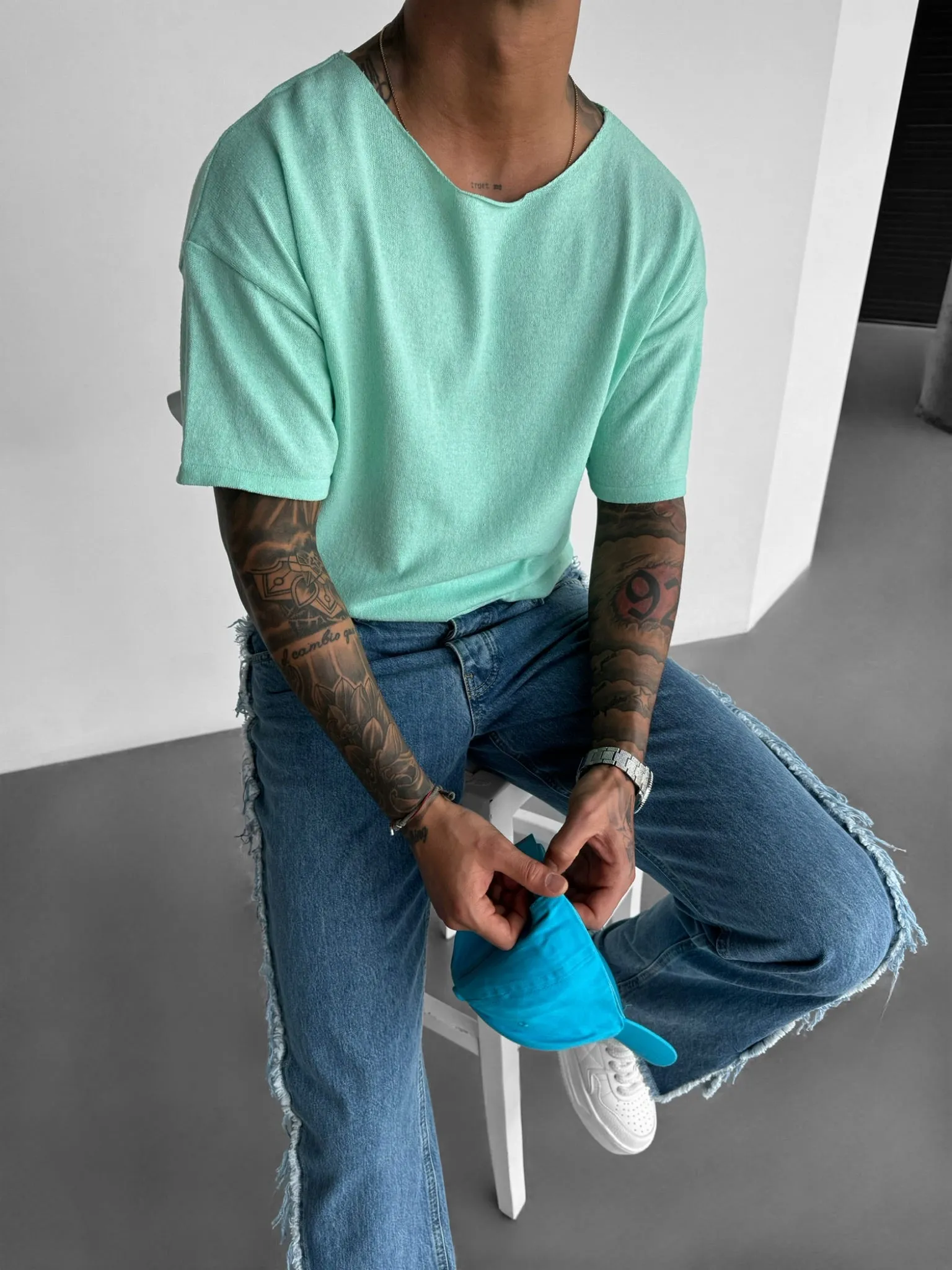 Oversize Thin Knit T-shirt - Babyblue