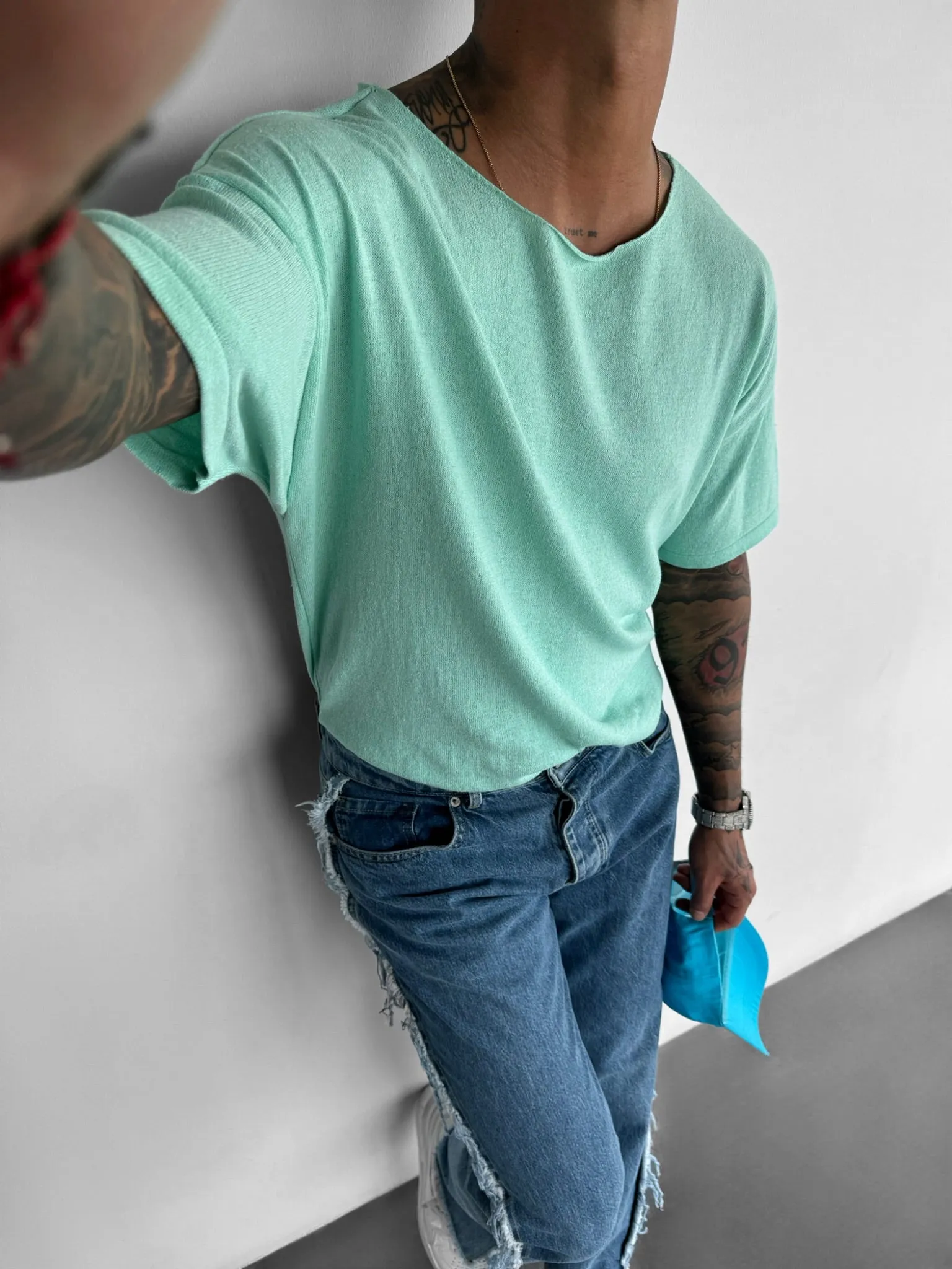 Oversize Thin Knit T-shirt - Babyblue