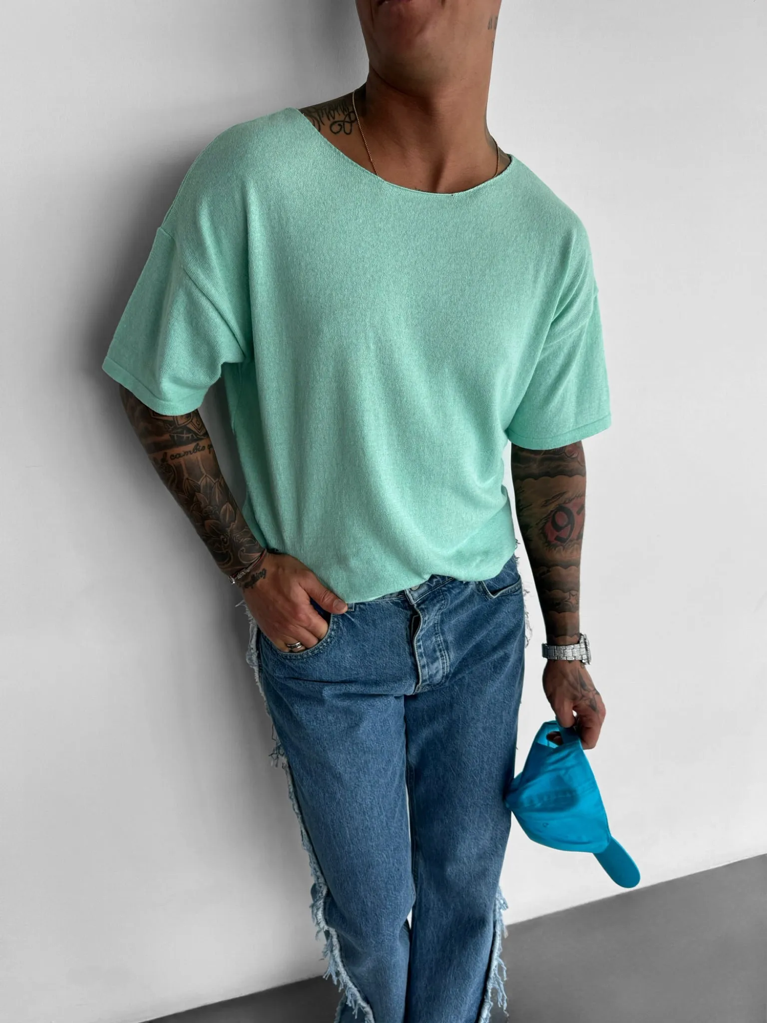 Oversize Thin Knit T-shirt - Babyblue