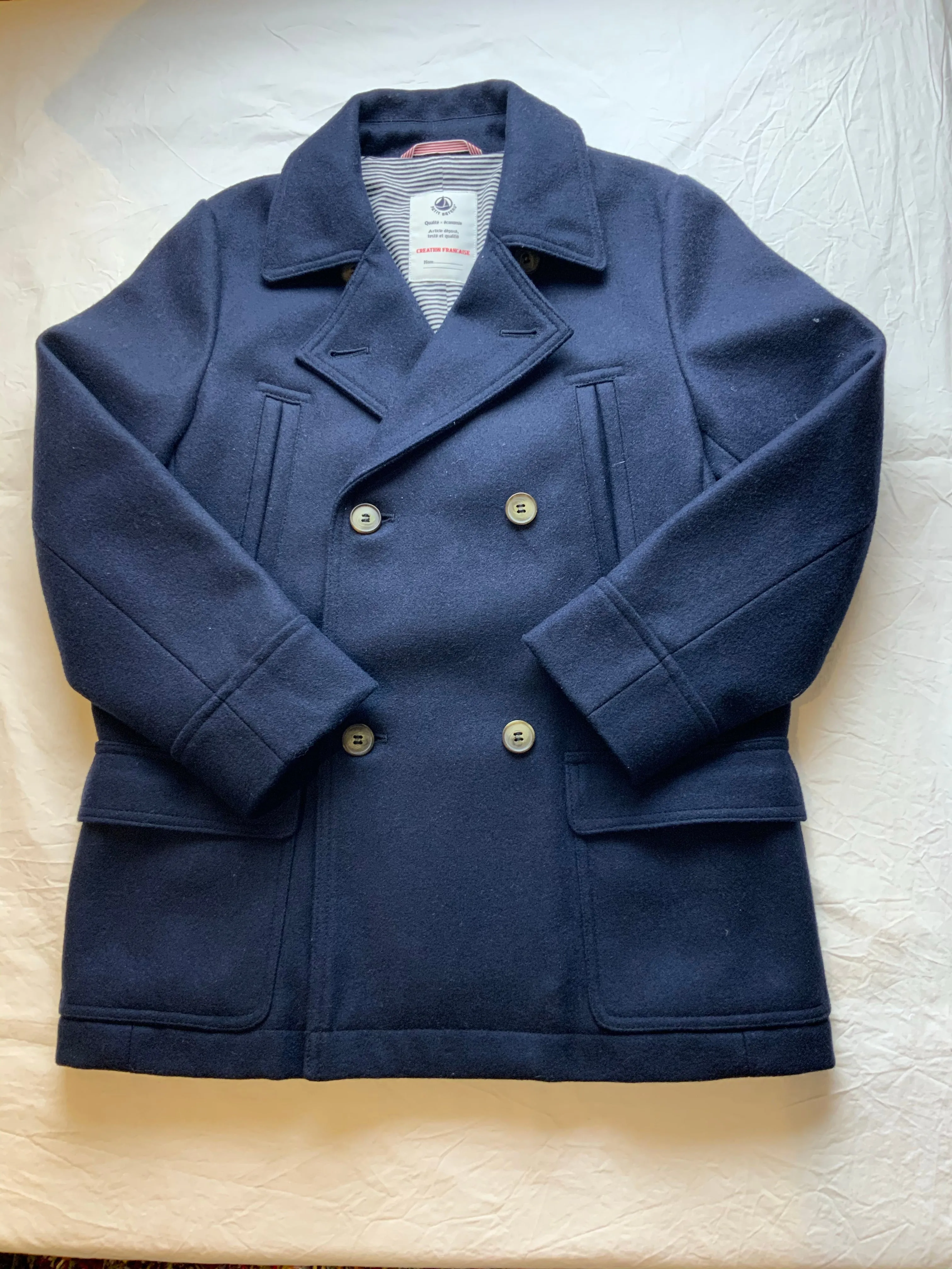 PETIT BATEAU Boys' Navy Blue Wool Double Breasted Peacoat Coat Size 8 years children