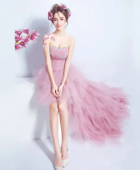 Pink Sweetheart Tulle High Low Prom Dress, Pink Evening Dress