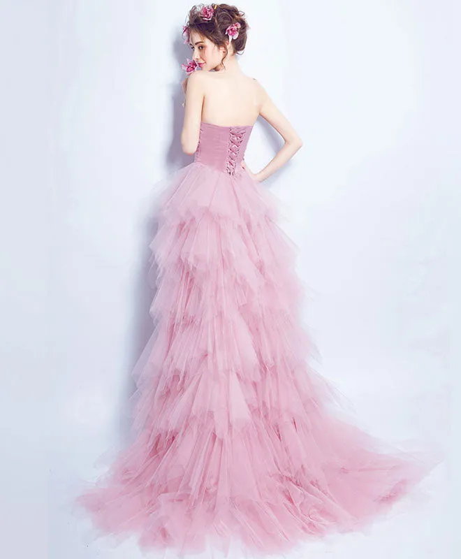 Pink Sweetheart Tulle High Low Prom Dress, Pink Evening Dress
