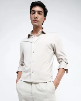 Rare Rabbit Men Tour Light Beige Cotton Polyester Elastane Fabric Full Sleeve Collared Collar Button Closure Plain Knitted Formal Shirt
