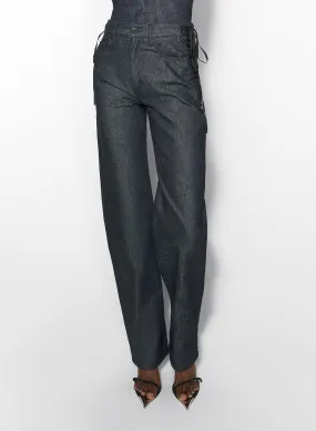 raw blue laced-up straight leg jeans