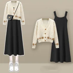 Rhombus Print Cardigan Sweater Slip Dress Set