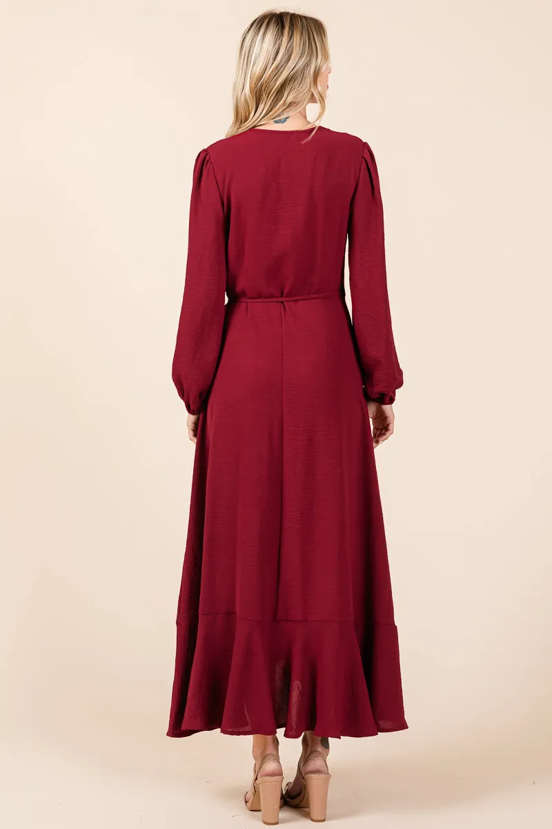 Ruffle Hem High Low Long Sleeve Wrap Maxi Dress