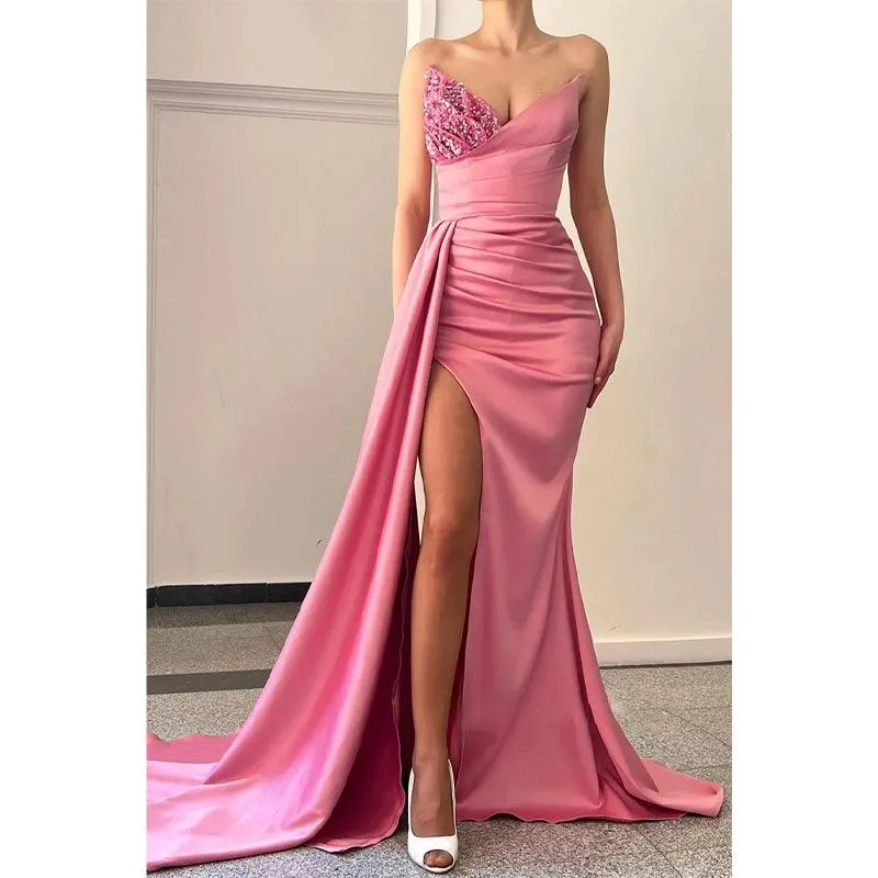 Sexy V Neck Beads Satin Pleats High Split Long Prom Party Dress