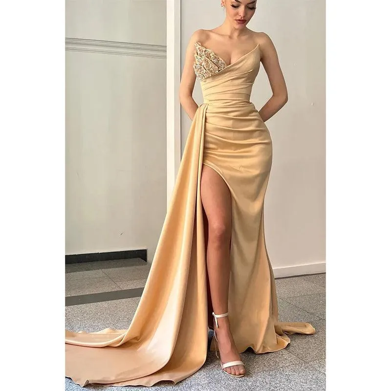 Sexy V Neck Beads Satin Pleats High Split Long Prom Party Dress