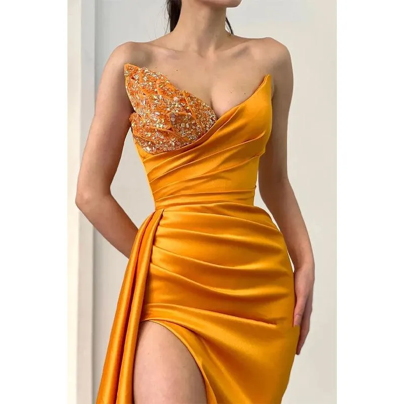 Sexy V Neck Beads Satin Pleats High Split Long Prom Party Dress