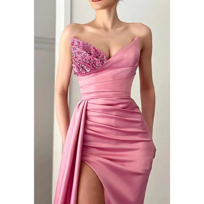 Sexy V Neck Beads Satin Pleats High Split Long Prom Party Dress