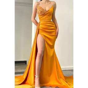 Sexy V Neck Beads Satin Pleats High Split Long Prom Party Dress