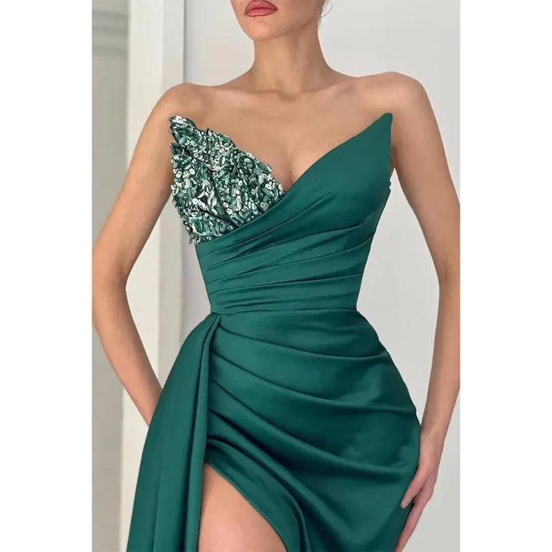 Sexy V Neck Beads Satin Pleats High Split Long Prom Party Dress