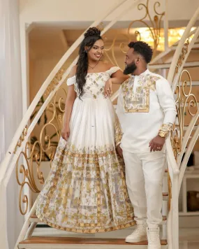 Shimmering Golden Ethiopian Traditional Couples Outfit: Elegant Look with Your Beloved in Matching Habesha Attire