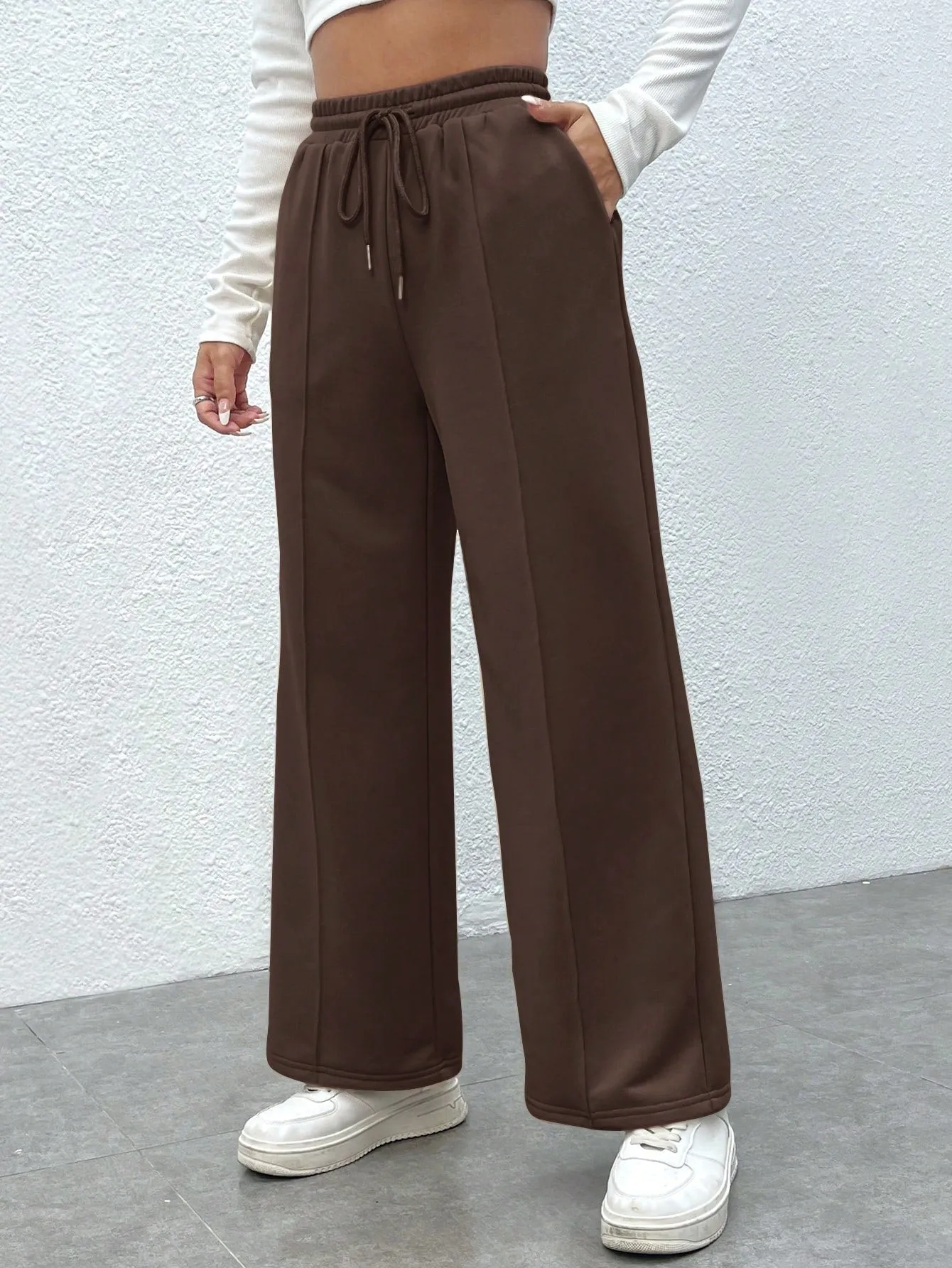 SXV Drawstring Waist Wide Leg Spring Black Sweatpants