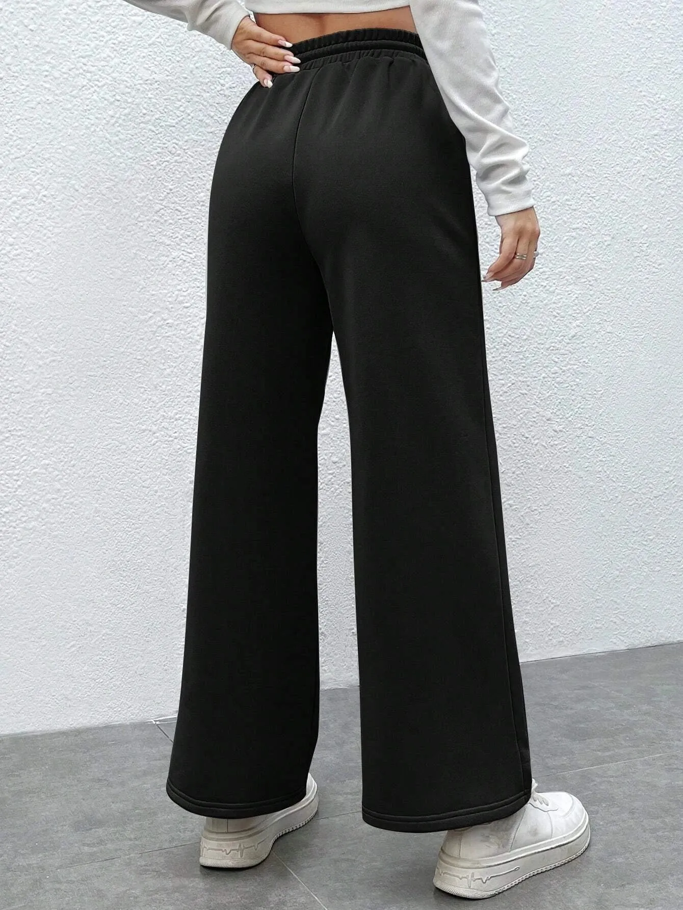 SXV Drawstring Waist Wide Leg Spring Black Sweatpants