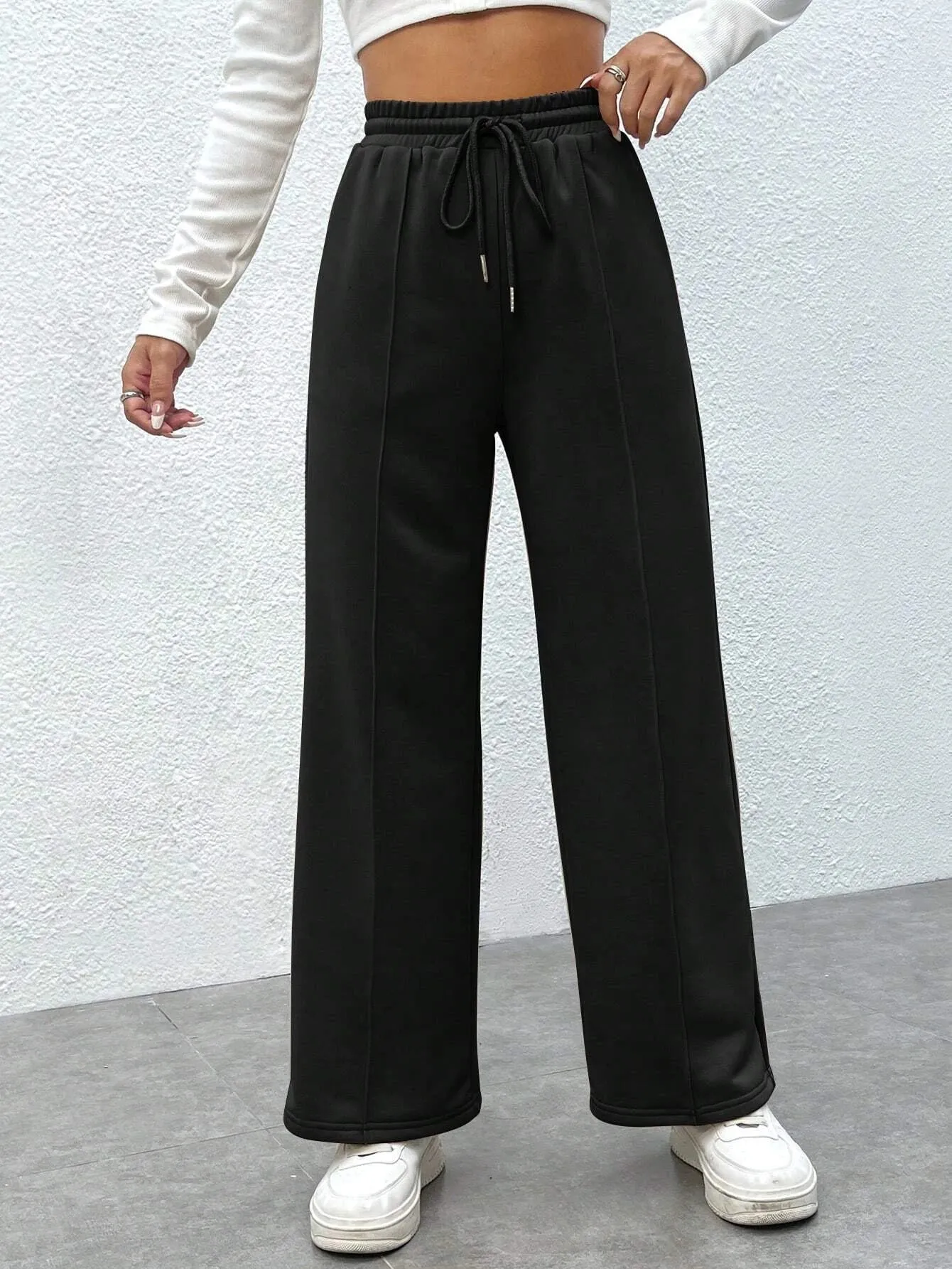 SXV Drawstring Waist Wide Leg Spring Black Sweatpants