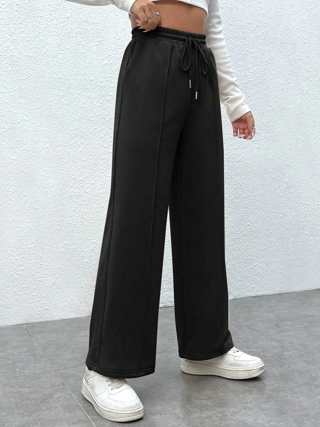 SXV Drawstring Waist Wide Leg Spring Black Sweatpants