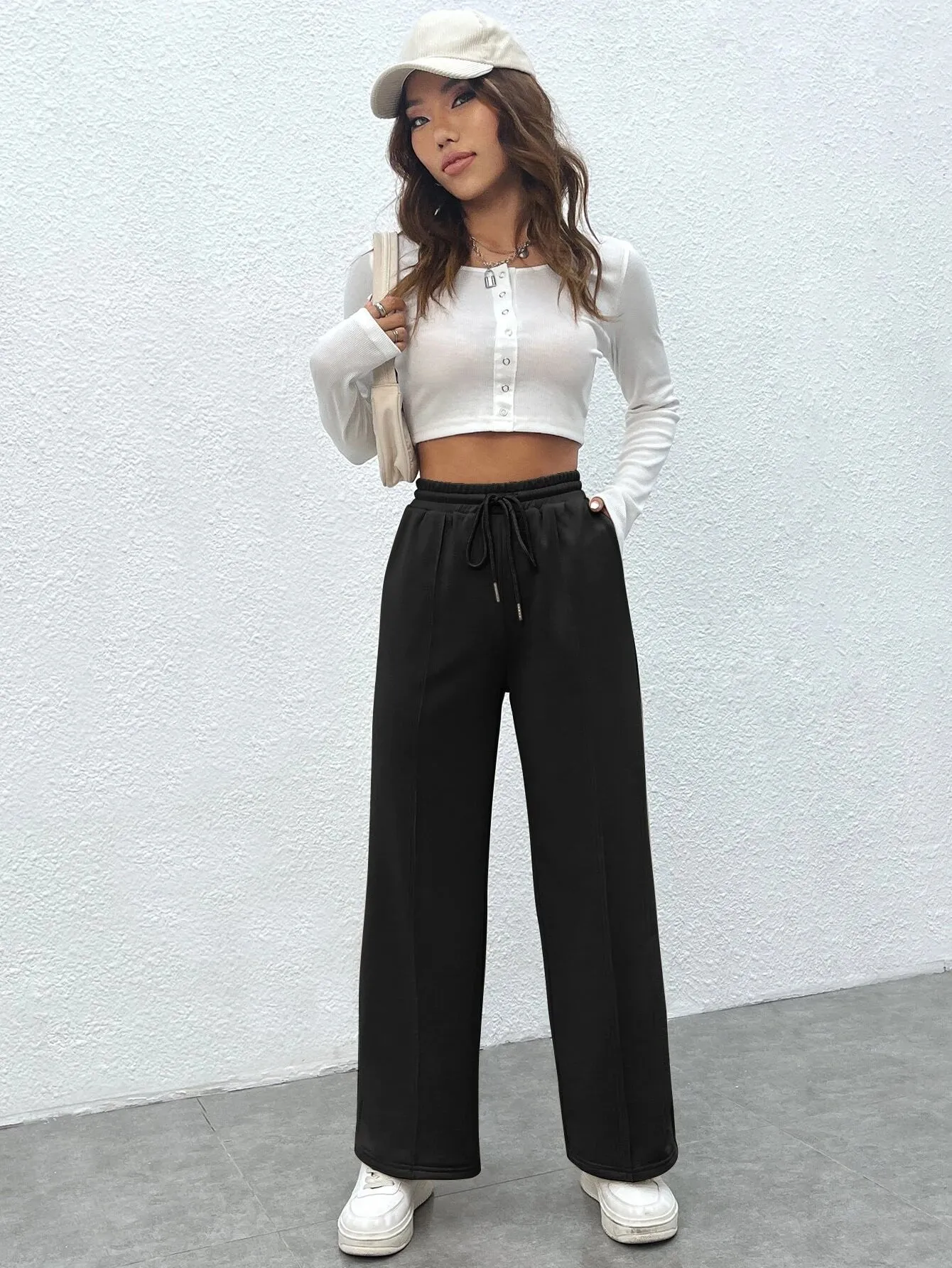 SXV Drawstring Waist Wide Leg Spring Black Sweatpants