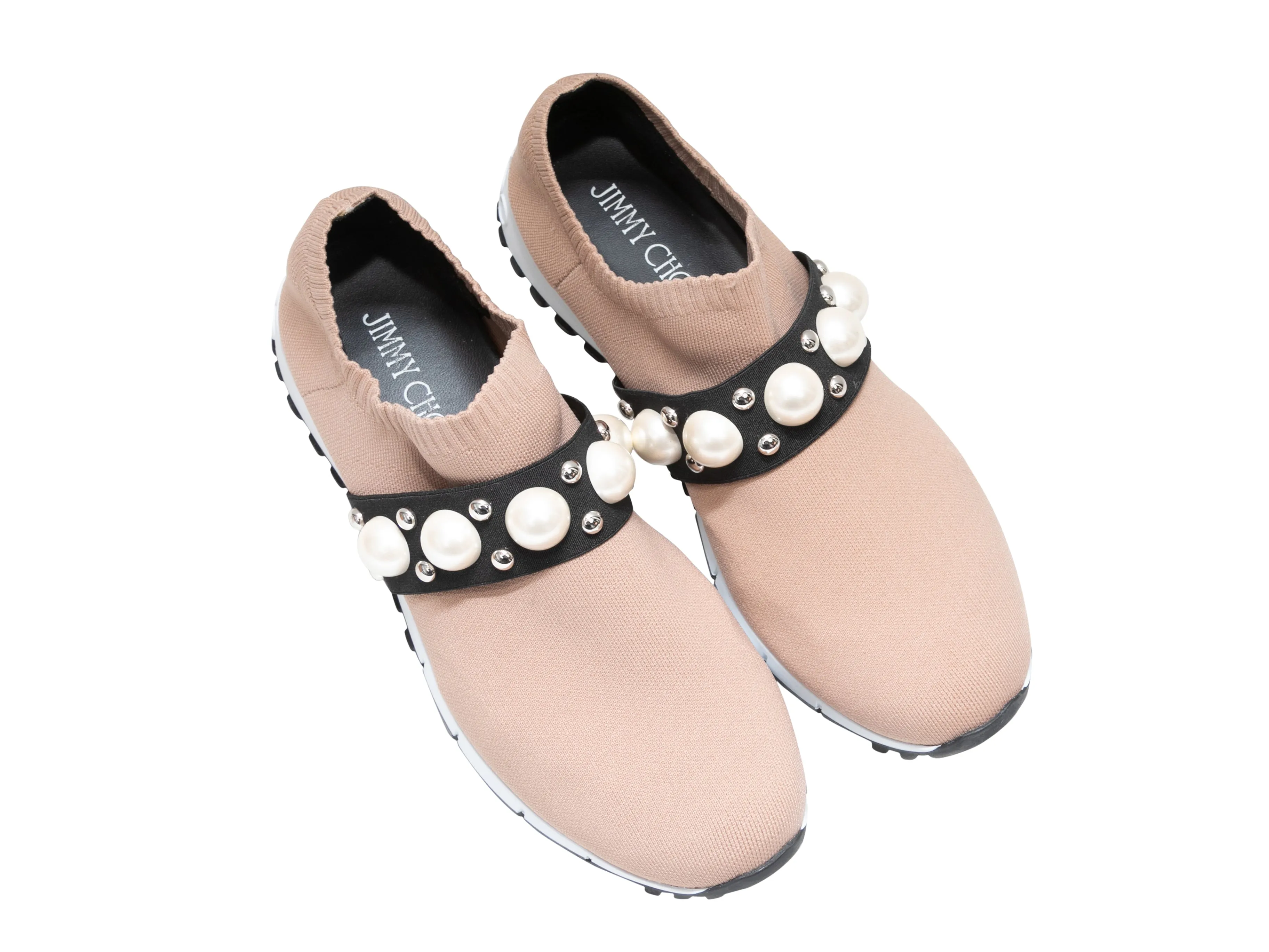 Tan Jimmy Choo Verona Faux Pearl-Embellished Slip-On Sneakers Size 40.5
