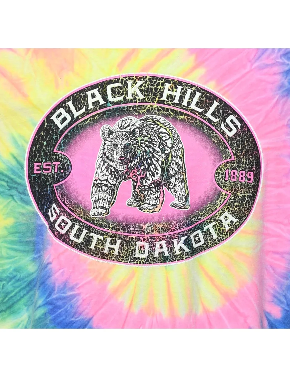 Tie Dye Design Multi-Colour Long Sleeve Black Hills Printed T-shirt - L