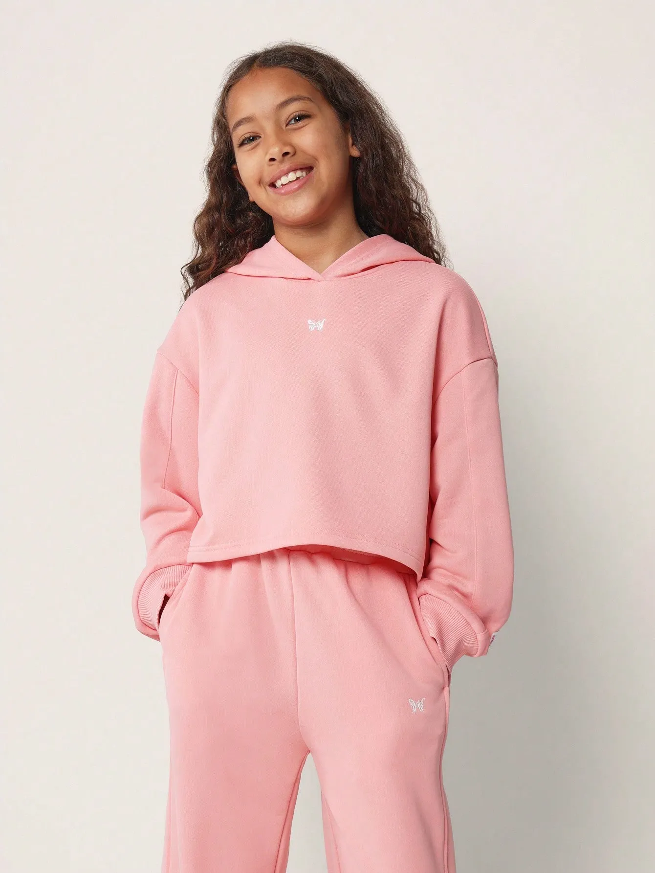 Tween Girls Comfy Crop Fit Overhead Hoodie And Straight Fit Sweatpants With Small Butterfly Embroidery 2 Piece Set