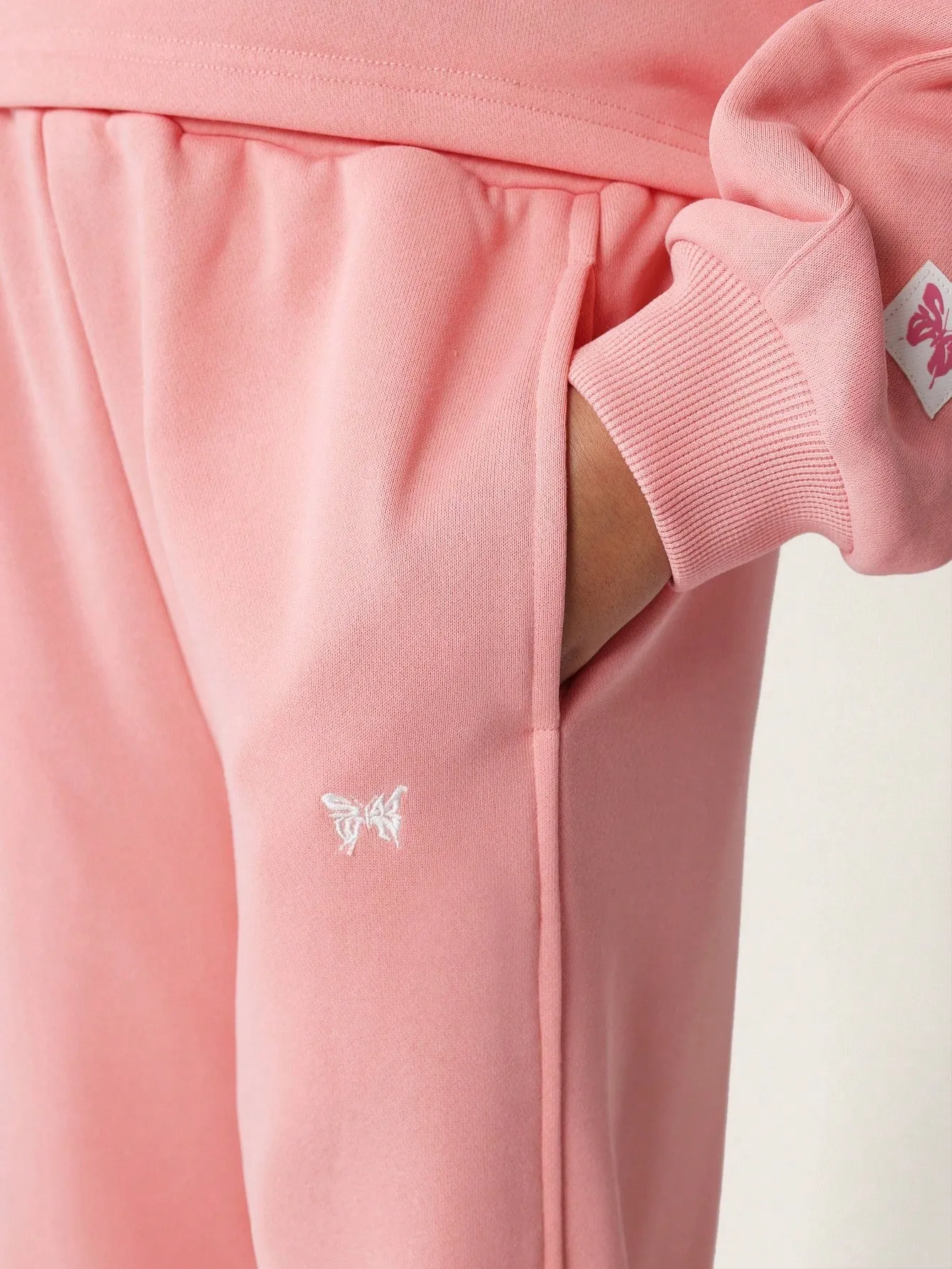 Tween Girls Comfy Crop Fit Overhead Hoodie And Straight Fit Sweatpants With Small Butterfly Embroidery 2 Piece Set