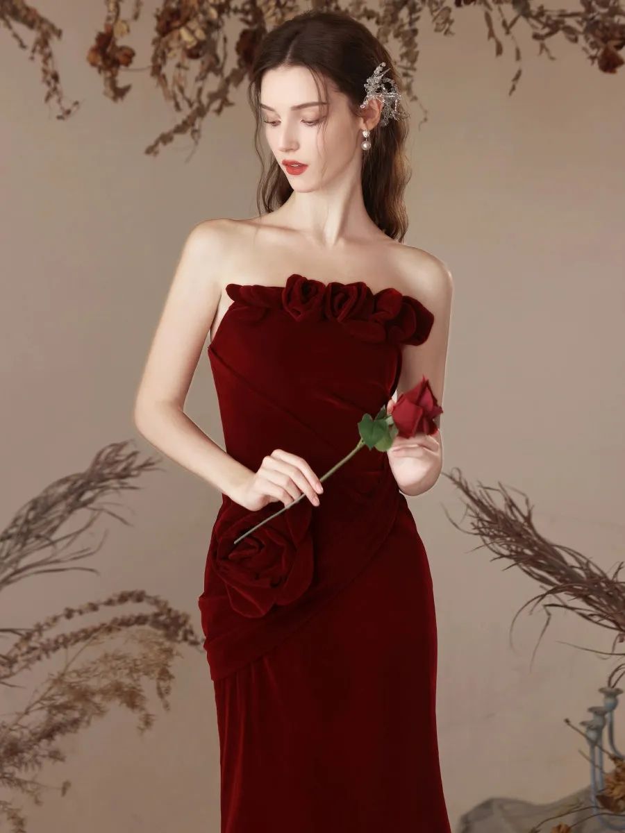 Unique Mermaid Velvet Burgundy Long Prom Dress, Burgundy Evening Dress