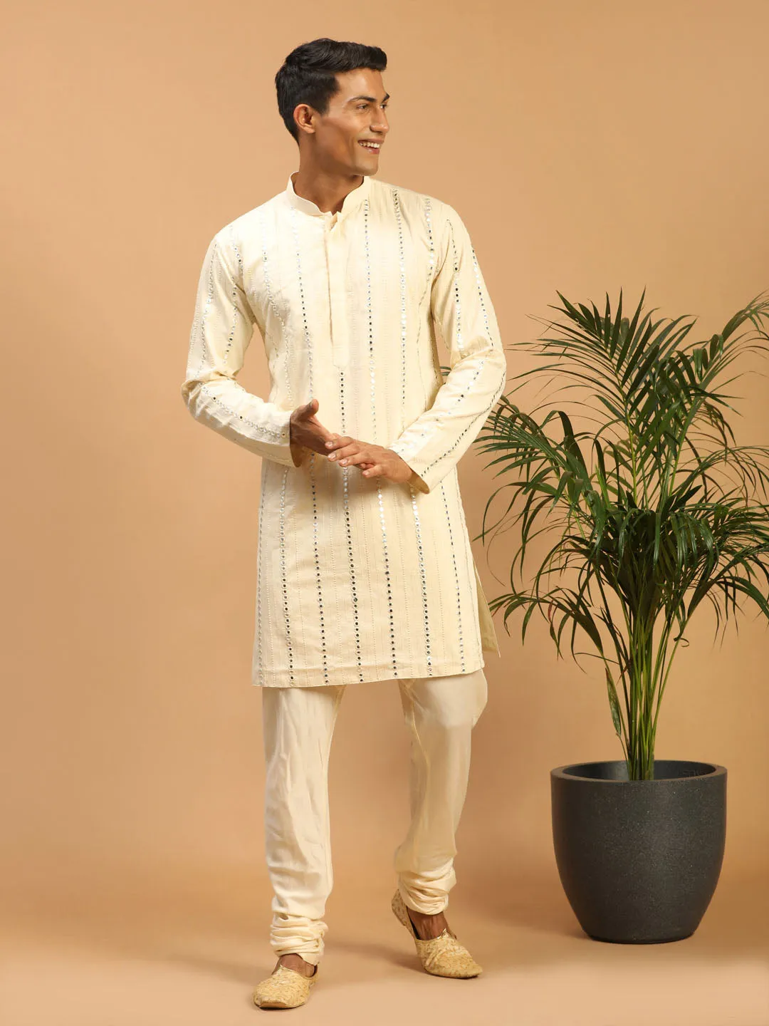 Vastramay Cream Mirror Work Kurta Pyjama
