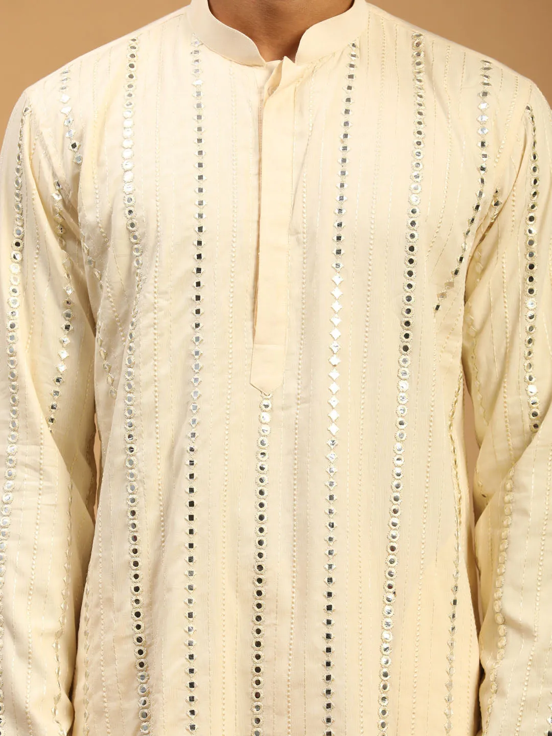 Vastramay Cream Mirror Work Kurta Pyjama