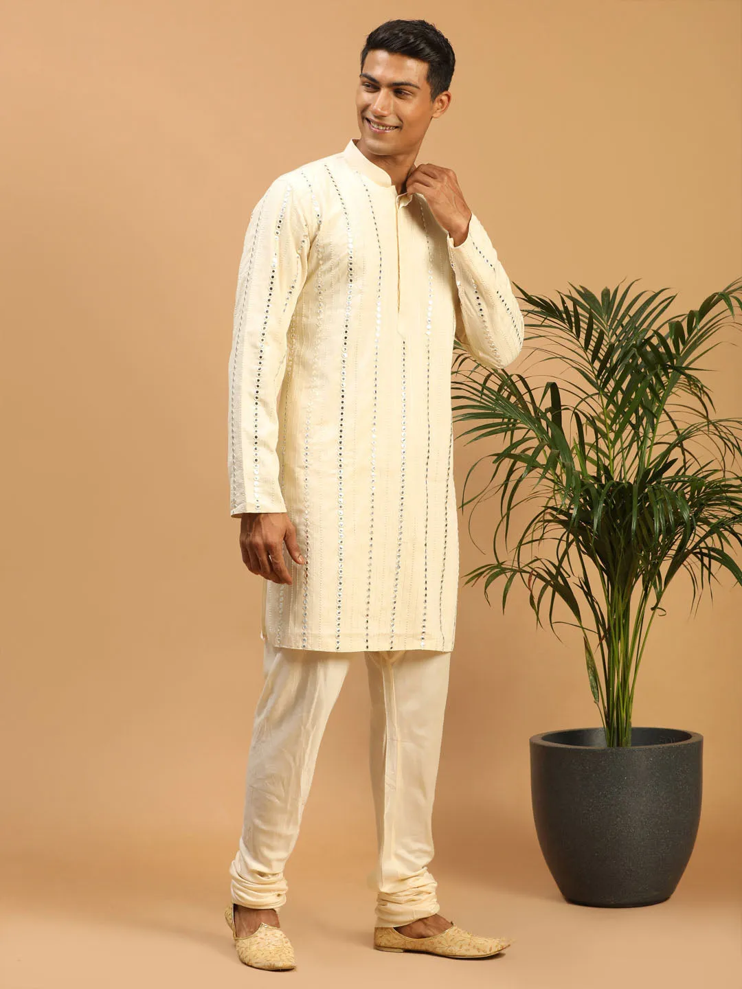 Vastramay Cream Mirror Work Kurta Pyjama