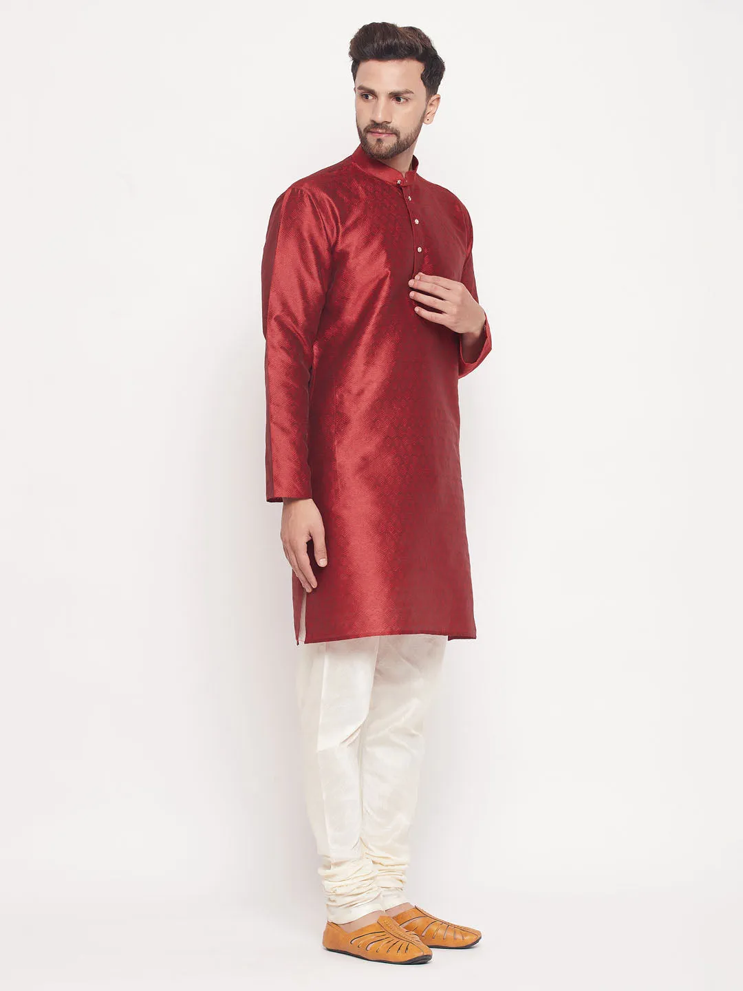 VASTRAMAY Maroon Woven Kurta Set