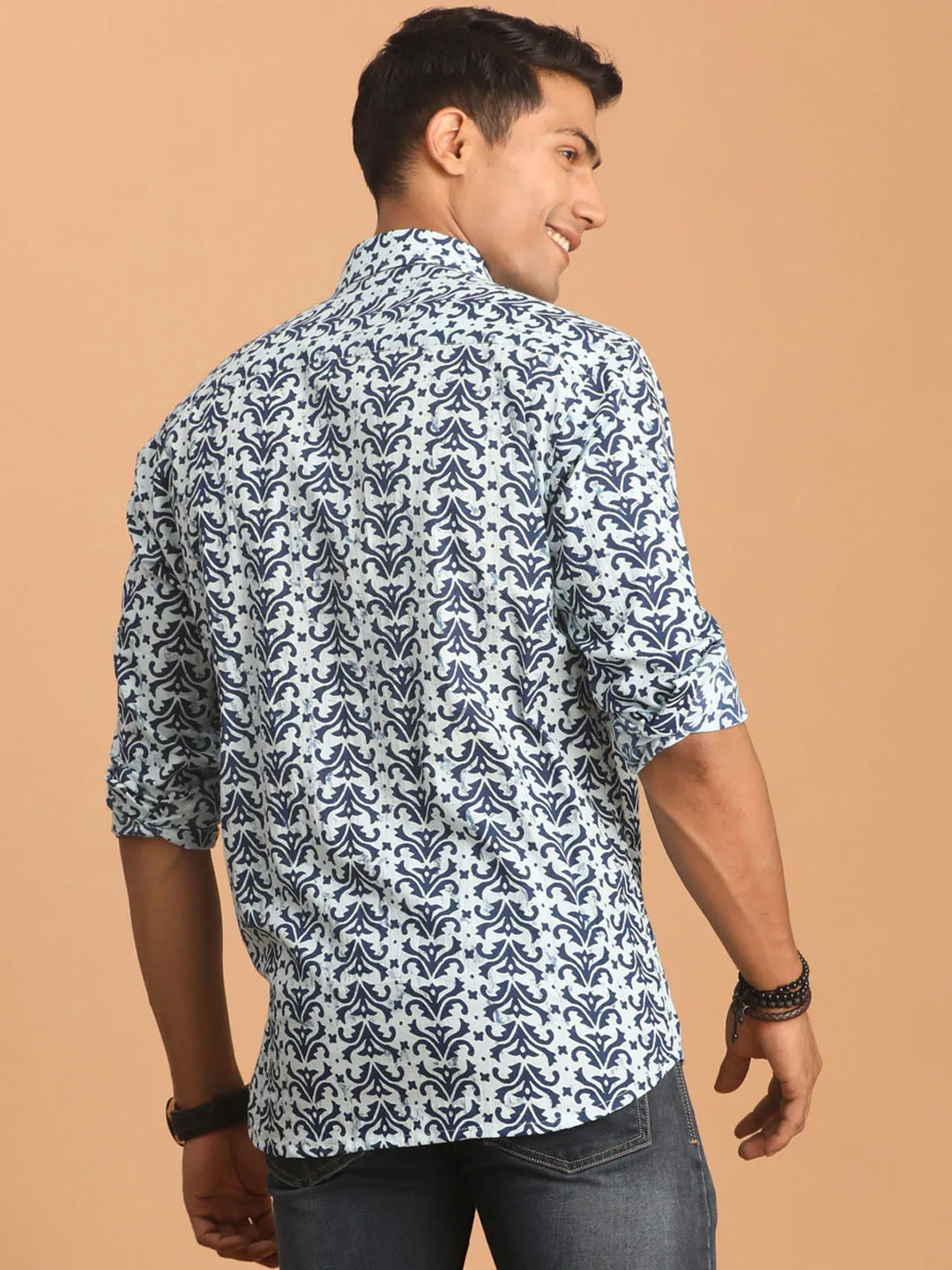 Vastramay Men's Aqua Blue Printed Short Sleeve Shirt