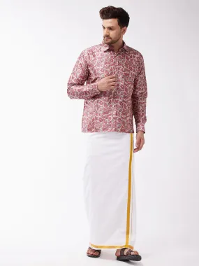 VASTRAMAY Men's Multicolour-Base-Pink And White Silk Blend Shirt And Mundu Set