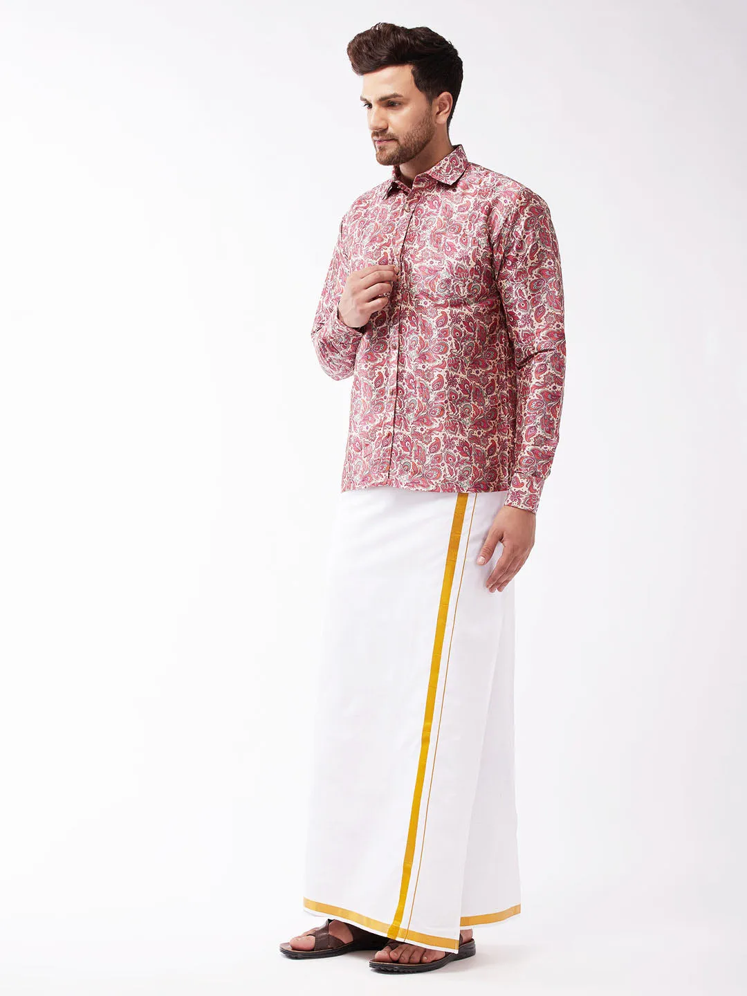 VASTRAMAY Men's Multicolour-Base-Pink And White Silk Blend Shirt And Mundu Set