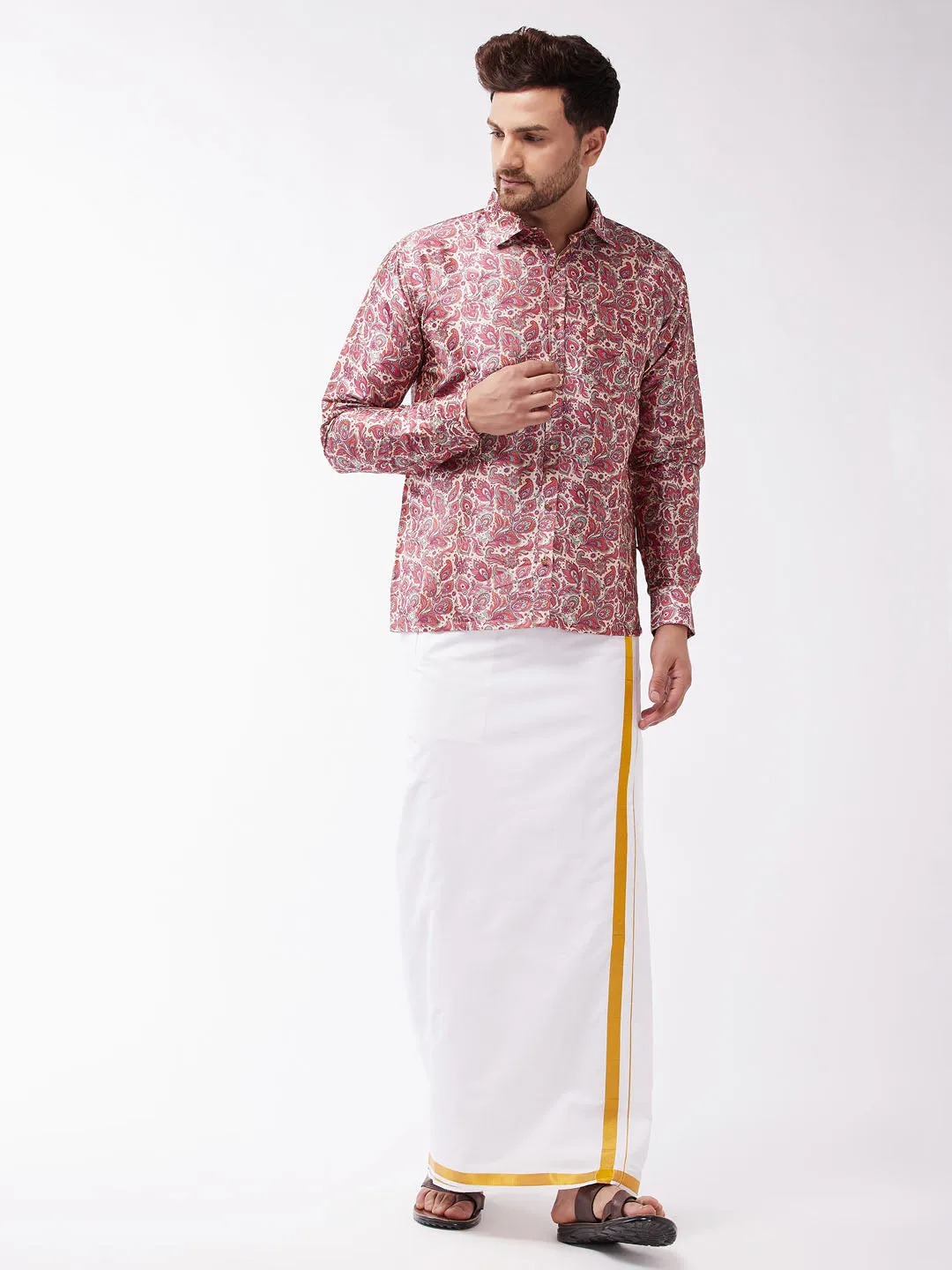 VASTRAMAY Men's Multicolour-Base-Pink And White Silk Blend Shirt And Mundu Set