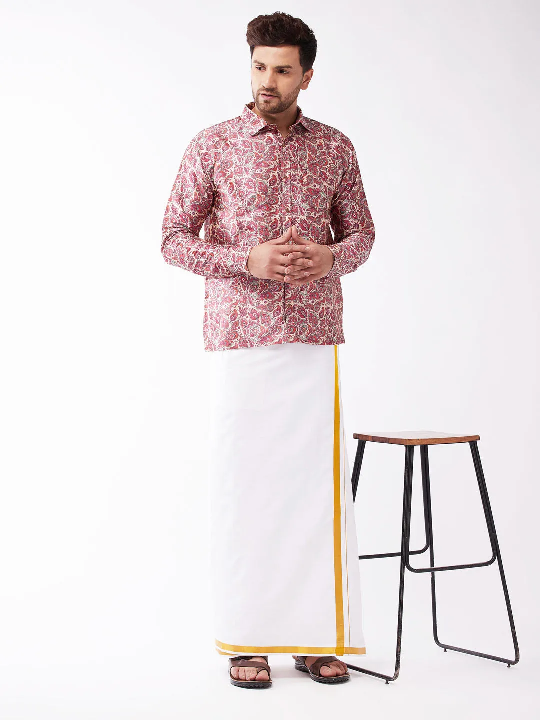 VASTRAMAY Men's Multicolour-Base-Pink And White Silk Blend Shirt And Mundu Set