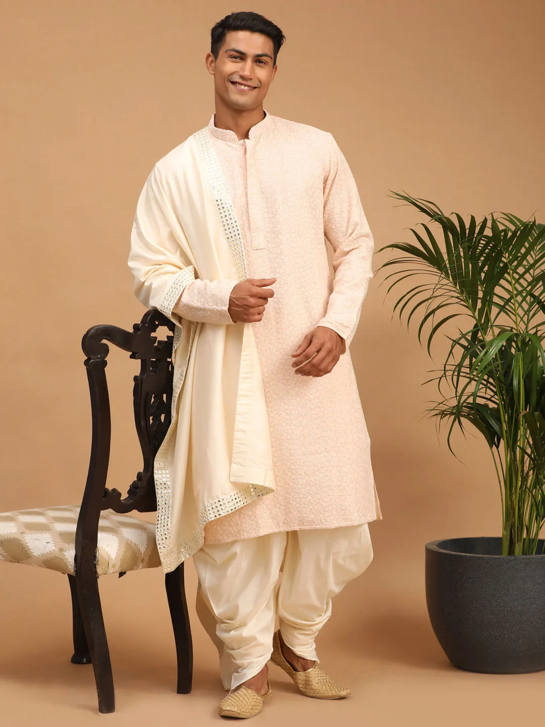 Vastramay Men's Pink Chikankari Kurta Dhoti