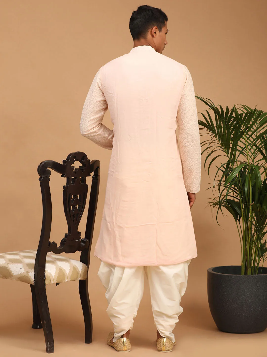 Vastramay Men's Pink Chikankari Kurta Dhoti