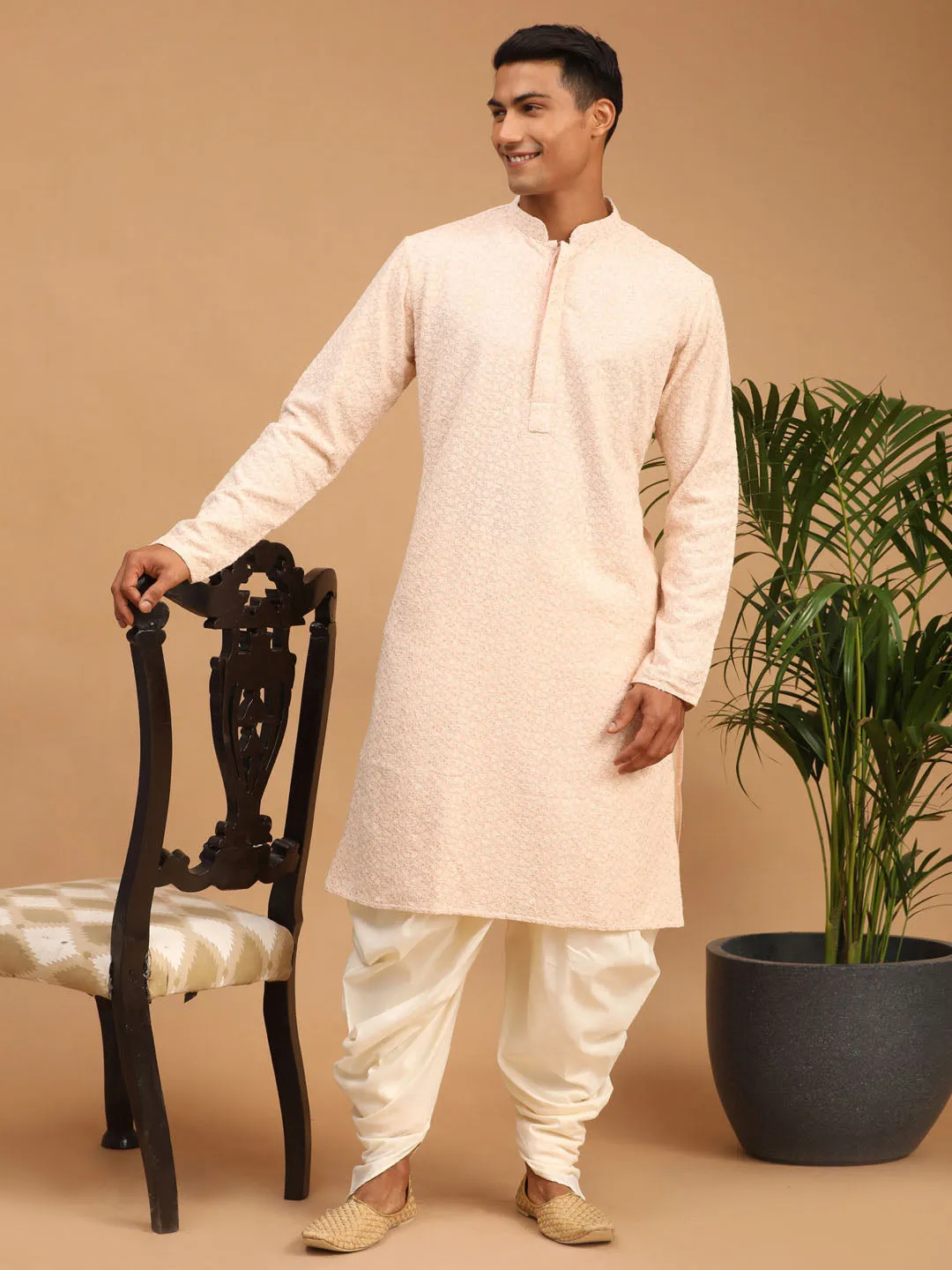 Vastramay Men's Pink Chikankari Kurta Dhoti