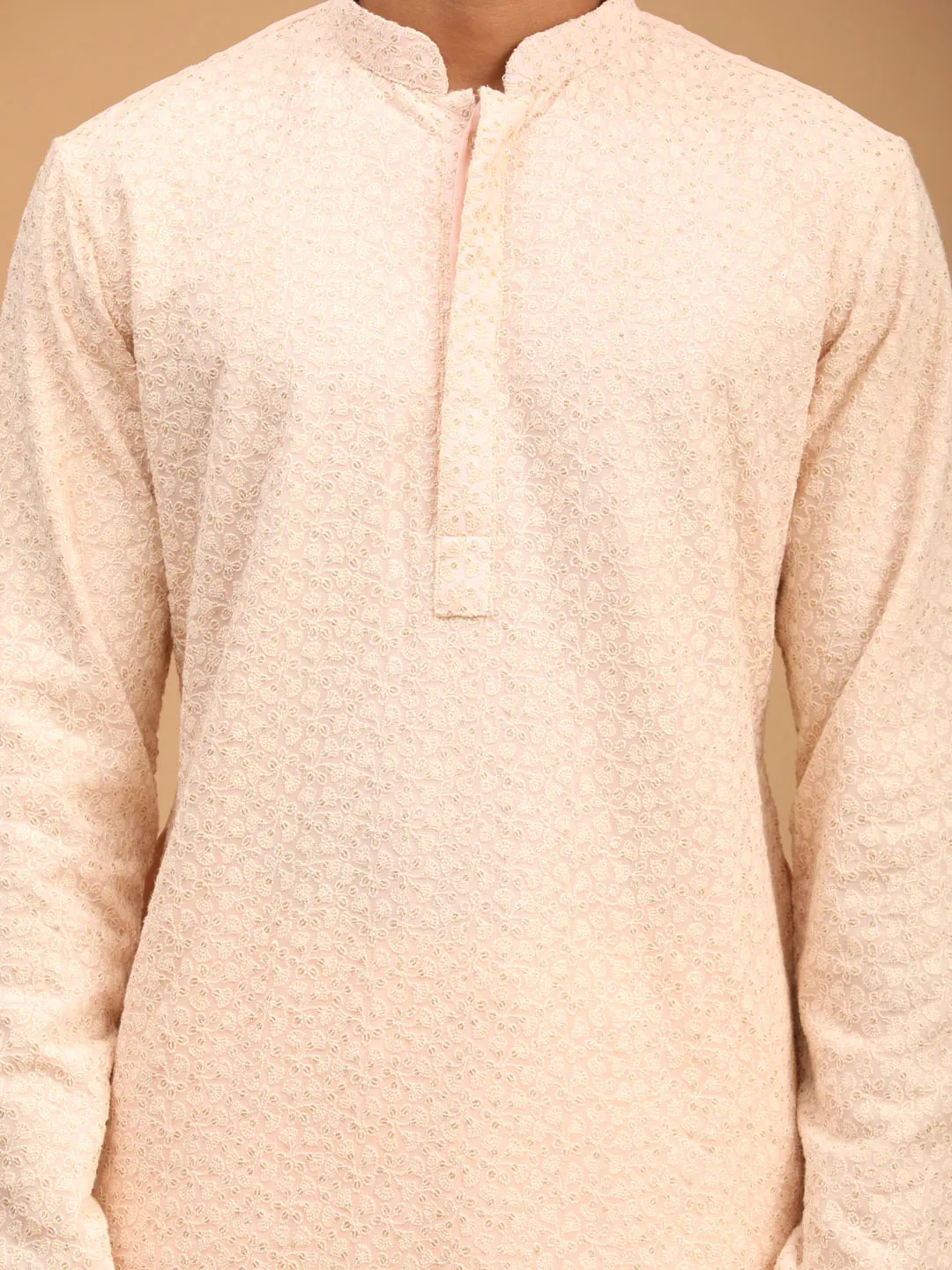 Vastramay Men's Pink Chikankari Kurta Dhoti