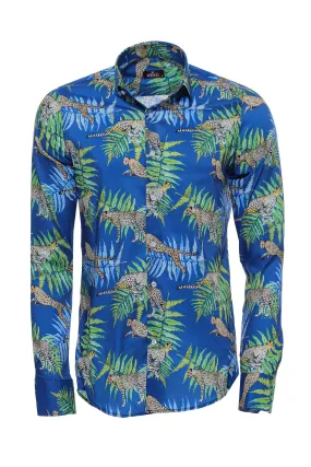 WSS Tiger Patterned Slim Fit Long Sleeves Blue Men Shirt  - Singen