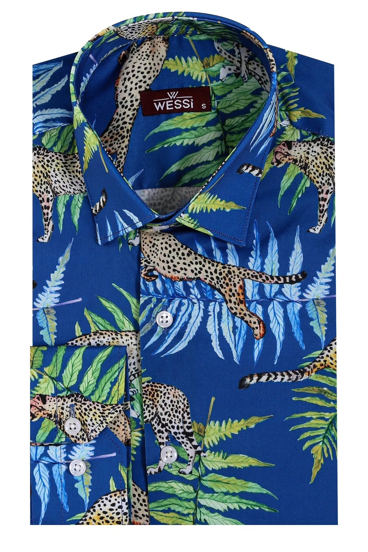 WSS Tiger Patterned Slim Fit Long Sleeves Blue Men Shirt  - Singen